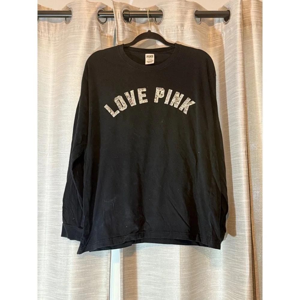 Victoria Secret PINK Long Sleeve Shirt Sz L Black Silver Sequin Bling Love Pink